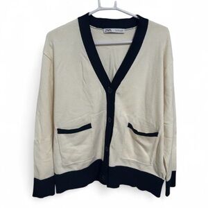 ZARA Cream Cardigan Sweater – Navy Contrast Trim, Button Down, Size M